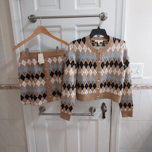 Maje Tan Blue Argyle Wool Skirt Set